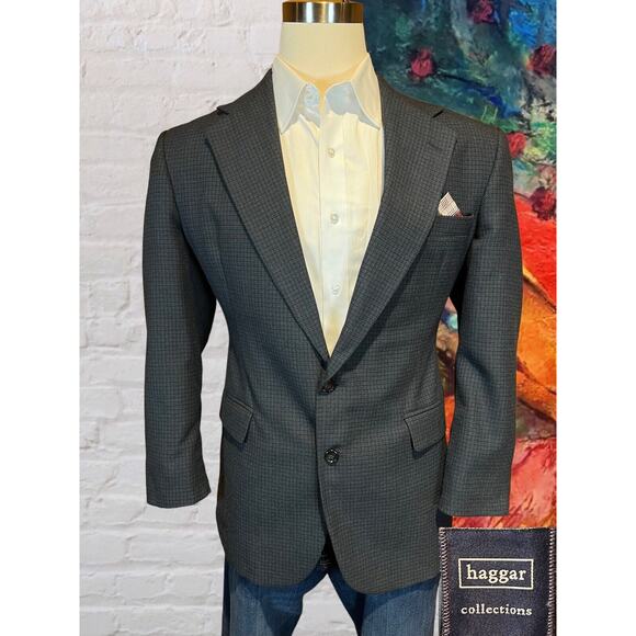 Vtg Haggar Collection 42R Blue Black Check Plaid Tweed Blazer Sport Coat Jacket - Picture 5 of 16